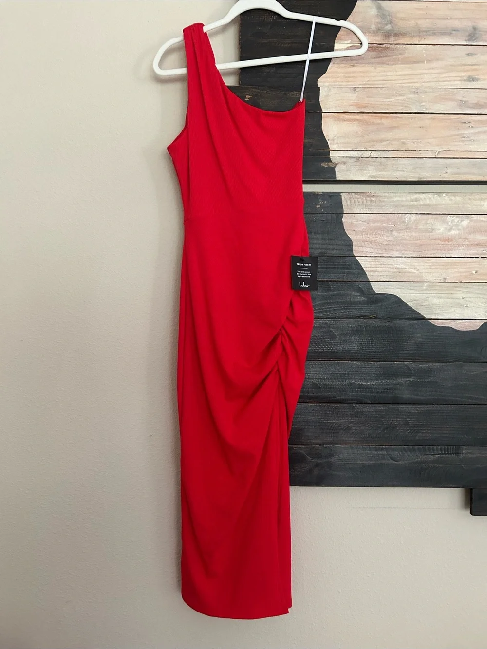 Lulus Centered on Style Red One-Shoulder Bodycon Ribbed Midi Dress Ruched Slit - Picture 6 of 13